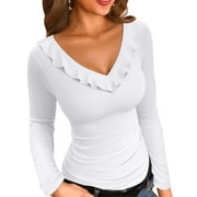 Vafful Womens Long Sleeve Shirts V Neck Ruffle Hem Slim Fitted Ribbed Knit Trendy Tee Tight Tops