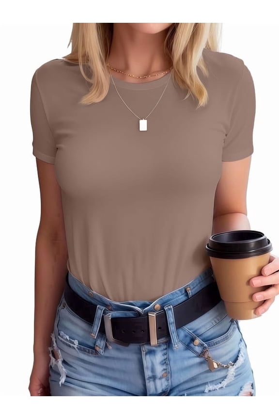 Womens Round Neck Short Sleeve Shirts Ribbed Casual Slim Fitted Tops Blouses Khaki L