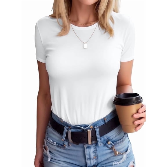 Vafful Womens Round Neck Short Sleeve Shirts Ribbed Casual Slim Fitted Tops Blouses White M