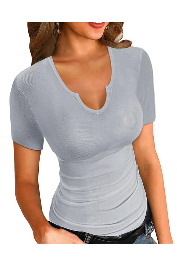 Womens Short Sleeve T Shirts Tops V Neck Summer Short Sleeve Sexy Shirts Casual Slim Fitted Short Sleeve T Shirts for Women Summer Basic Top Tees T-Shirt for Women Gray