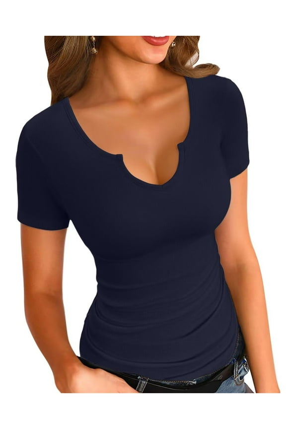 Womens Short Sleeve T Shirts Tops V Neck Summer Short Sleeve Sexy Shirts Casual Slim Fitted Short Sleeve T Shirts for Women Summer Basic Top Tees T-Shirt for Women S-XL