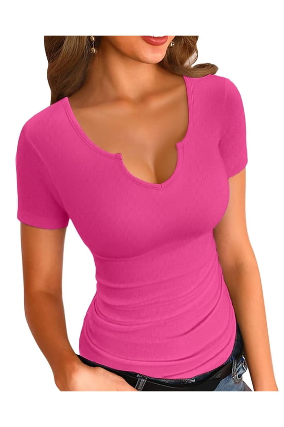 Womens Tops V Neck Summer Short Sleeve Casual Slim Fitted Tshirt Hot Pink L