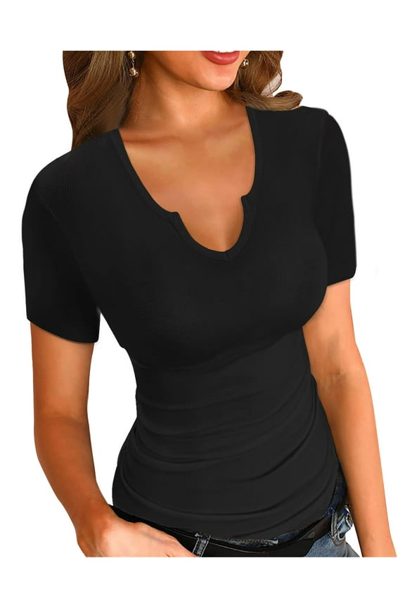 Womens Short Sleeve T Shirts Tops V Neck Summer Short Sleeve Sexy Shirts Casual Slim Fitted Short Sleeve T Shirts for Women Summer Basic Top Tees T-Shirt for Women Black