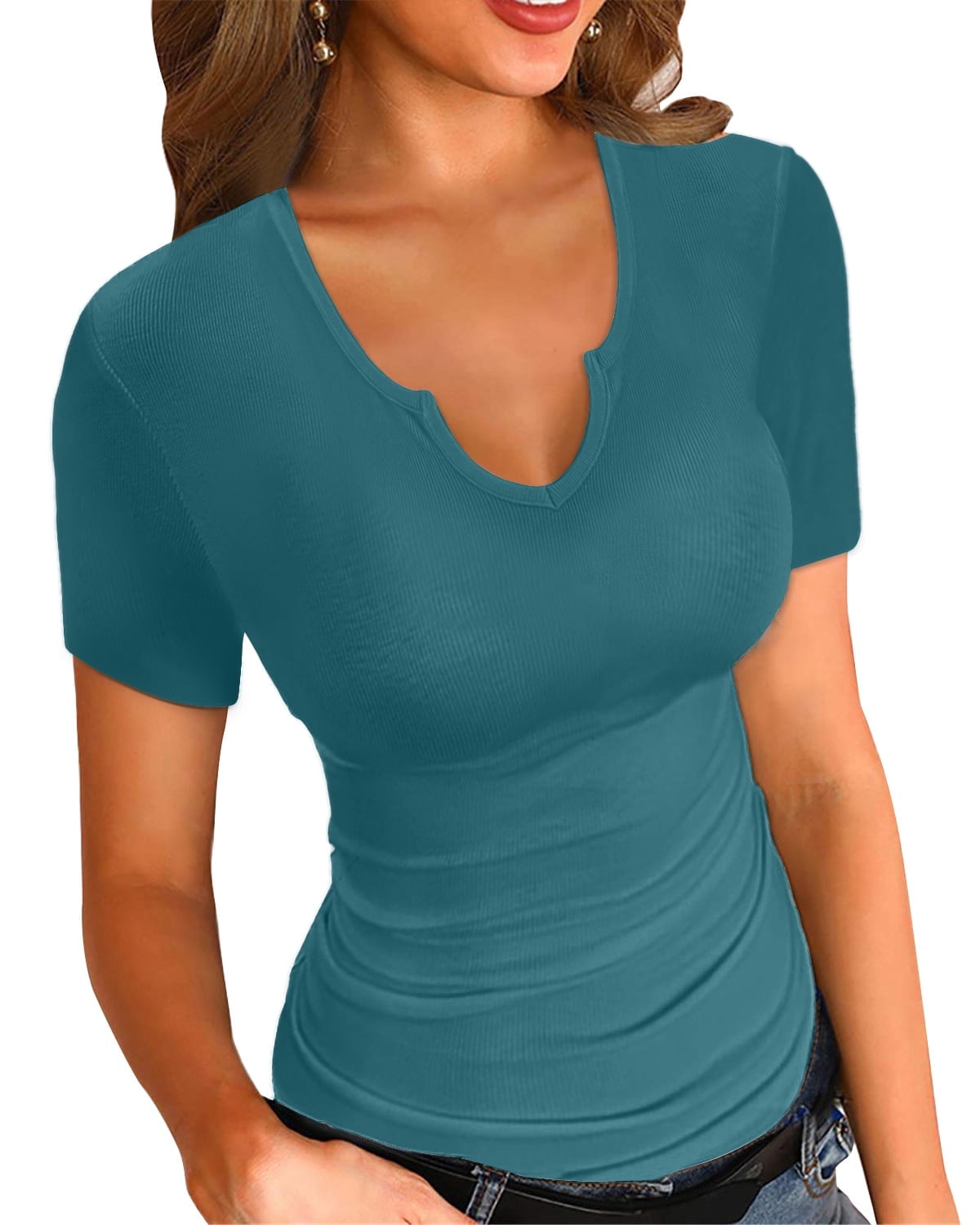 Vafful Womens Tops V Neck Summer Short Sleeve Casual Slim Fitted Tshirt ...