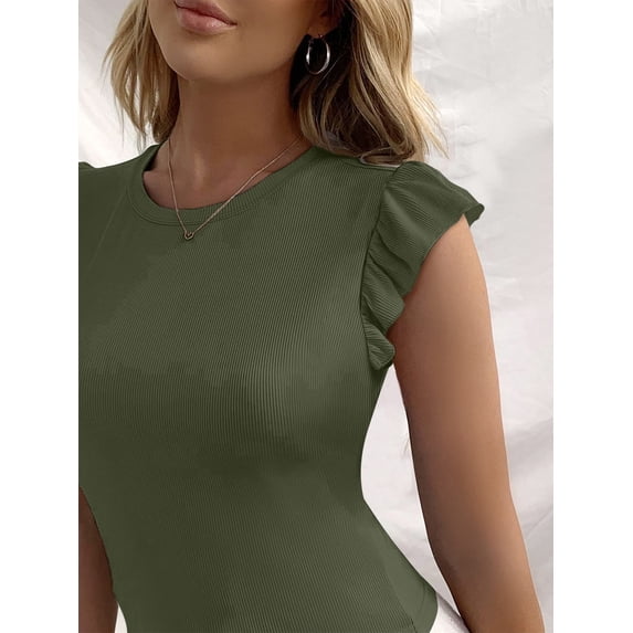 Vafful Summer Womens Shirt Short Ruffle Sleeve V Neck/Round Neck Ribbed Casual Tshirt Fitted Tops Blouses