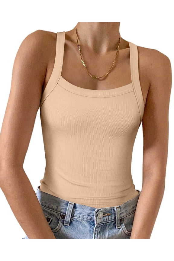 Womens Summer Sleeveless Racerback Casual Basic Square Neck Camisole Ribbed Fitted Tank Top S-XL