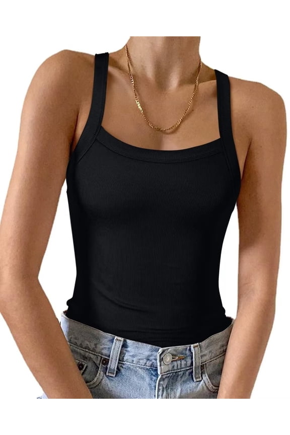 Womens Summer Sleeveless Racerback Casual Basic Square Neck Camisole Ribbed Fitted Tank Top S-XL