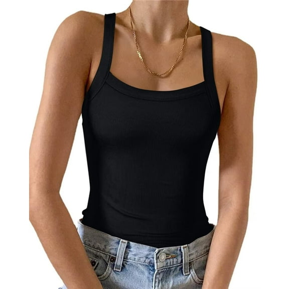 Vafful Womens Summer Sleeveless Racerback Casual Black Basic Square Neck Camisole Ribbed Fitted Tank Top Black