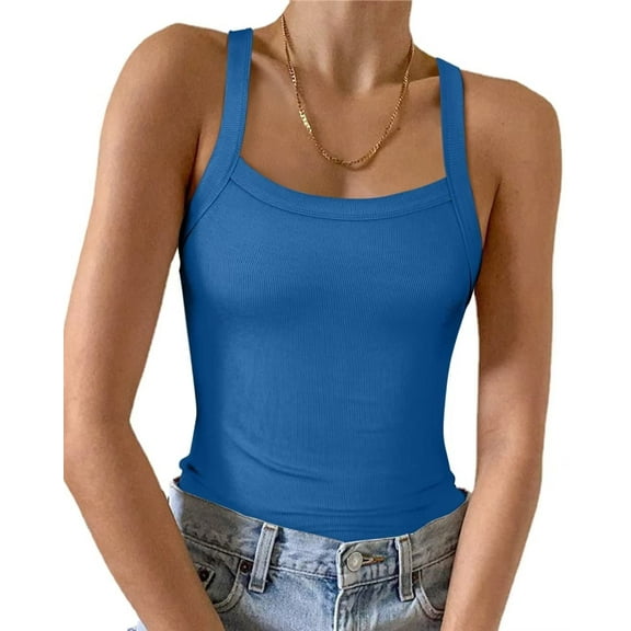 Vafful Womens Summer Sleeveless Racerback Casual Blue Basic Square Neck Camisole Ribbed Fitted Tank Top Blue