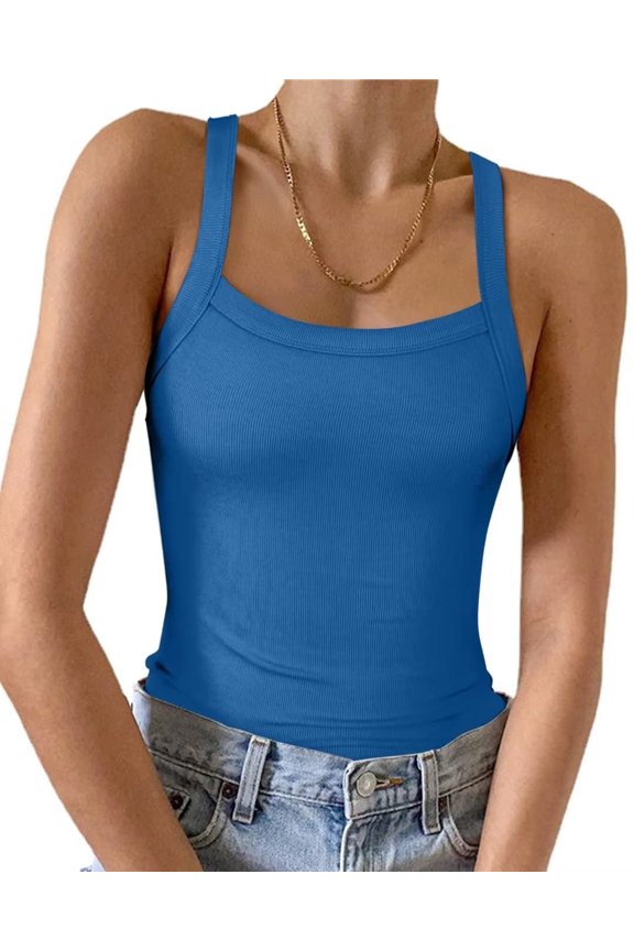 Womens Summer Sleeveless Racerback Casual Blue Basic Square Neck Camisole Ribbed Fitted Tank Top Blue