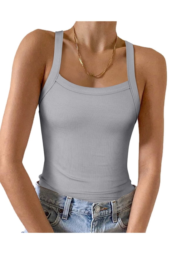 Womens Summer Sleeveless Racerback Casual Basic Square Neck Camisole Ribbed Fitted Tank Top S-XL