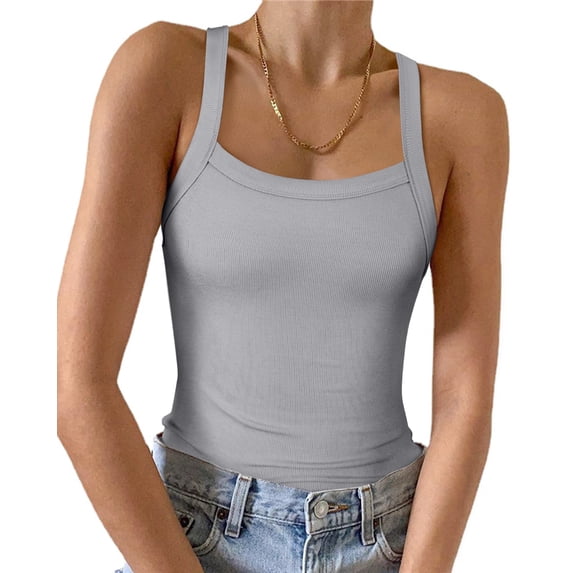 Vafful Womens Summer Sleeveless Racerback Casual Basic Square Neck Camisole Ribbed Fitted Tank Top S-XL