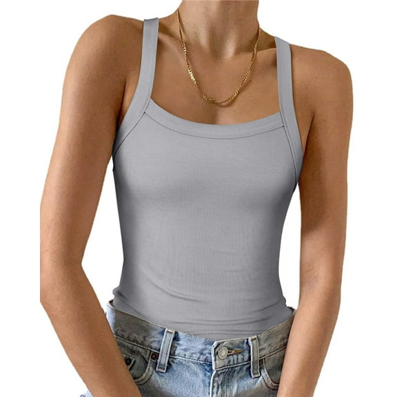 Vafful Womens Summer Sleeveless Racerback Casual Gray Basic Square Neck Camisole Ribbed Fitted Tank Top Gray