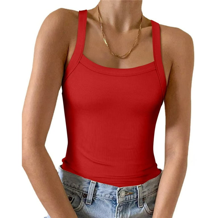Vafful Womens Summer Sleeveless Racerback Casual Red Basic Square Neck  Camisole Ribbed Fitted Tank Top Red