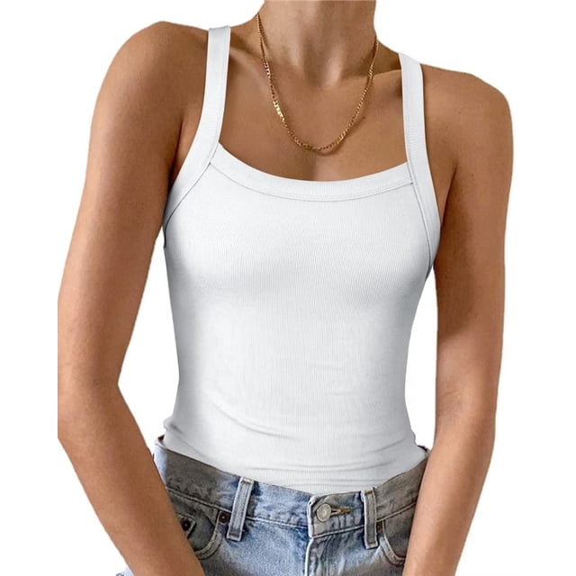 White Racerback Vafful Womens Summer Sleeveless Racerback Casual White Basic Square ...