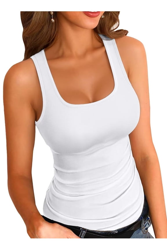 Womens Summer Tank Tops Square Neck Sleeveless Low Cut Sexy Shirts Ribbed Tanks Slim Fitted Casual Basic Tee Shirt
