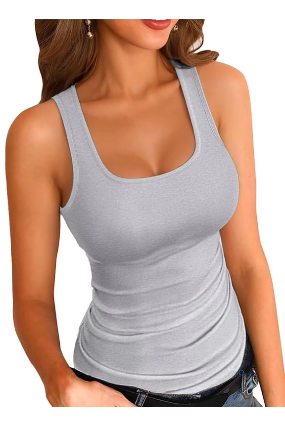 Womens Summer Tank Tops Square Neck Sleeveless Low Cut Sexy Shirts Ribbed Tanks Slim Fitted Casual Basic Tee Shirt