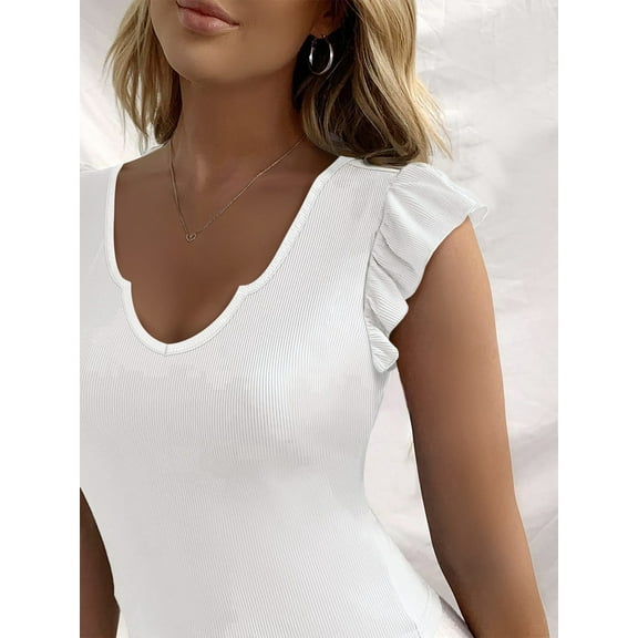 Vafful Womens Summer Tops Ruffle Short Sleeve V Neck T-Shirts Casual Silm Fit S-XL White
