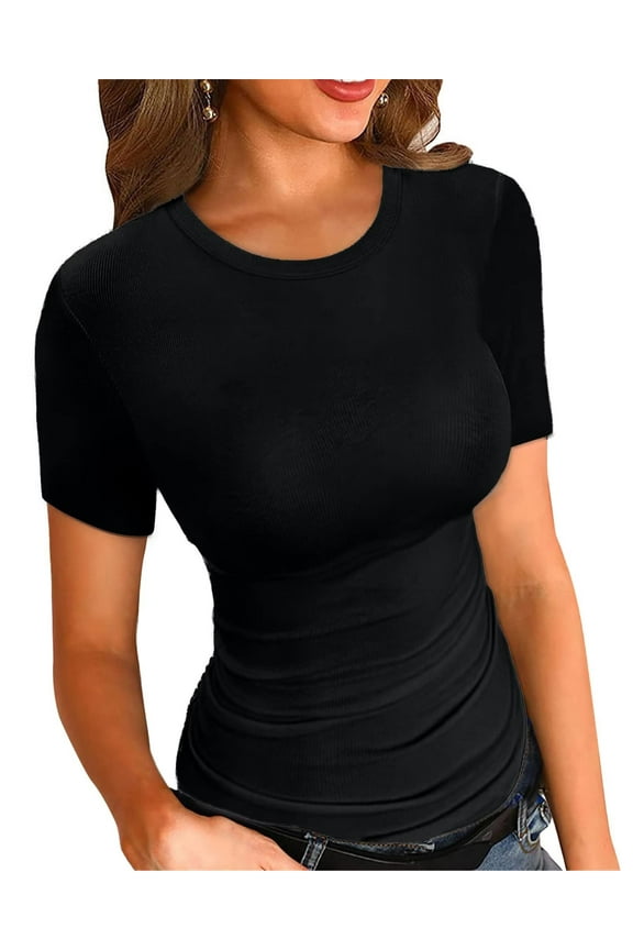 Womens Summer Tops T Shirt Short Sleeve Shirts Crew Neck Ribbed Casual Slim Fitted Tee Tops for Women S-XL
