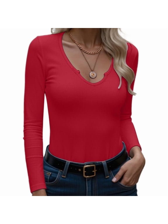 Womens T Shirts Long Sleeve Tops V Neck Basic Tee Shirt Ribbed Blouse Tunics for Womens Red XXL
