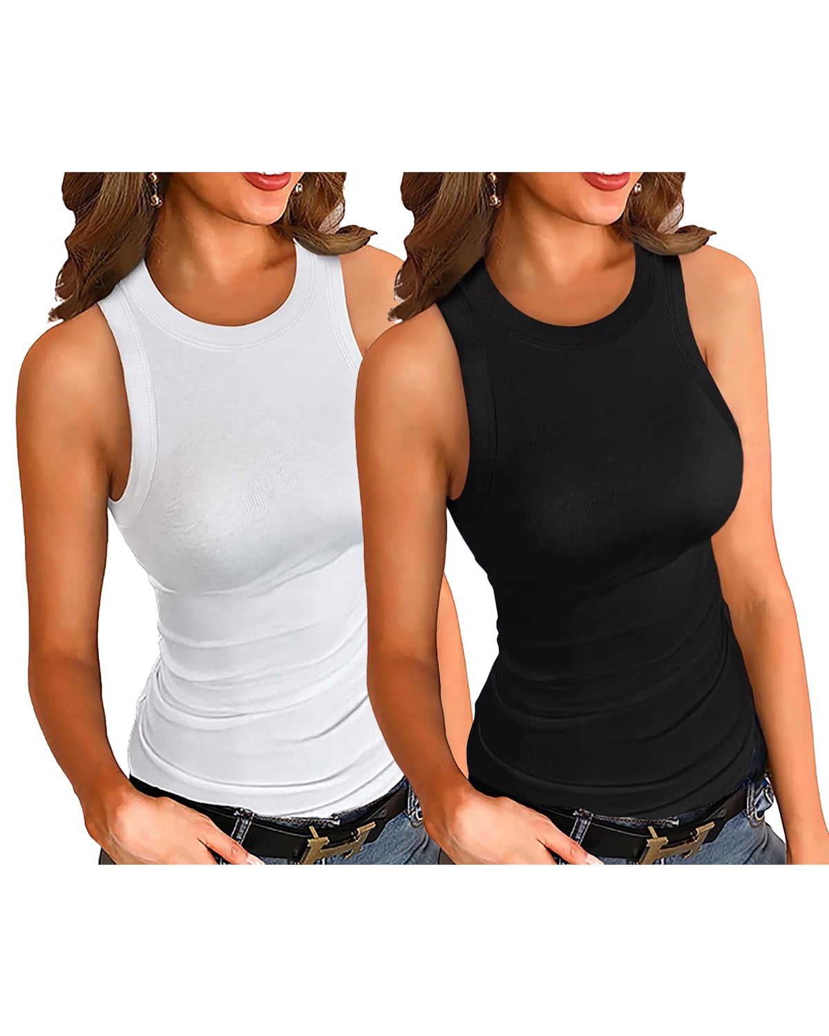 Vafful Womens Tank Tops 2 Pack Summer Top Ribbed Sleeveless Racerback Basic  Top Slim Fitted Round High Neck Sexy Tank Tops for Women Black and White