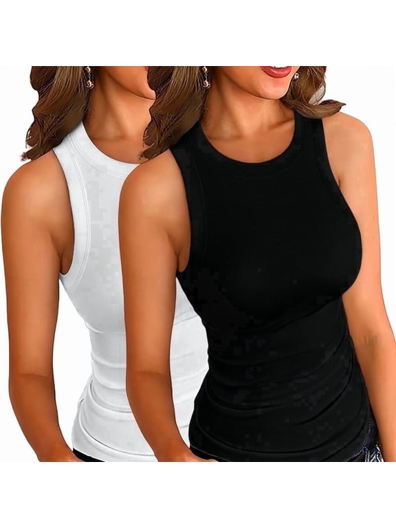 Womens Tank Tops 2 PCS Summer Top Ribbed Sleeveless Racerback Basic Top Slim Fitted Round High Neck Sexy Tank Tops for Women Black and White XXLarge