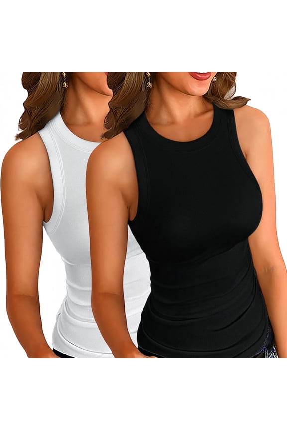 Womens Tank Tops 2 PCS Summer Top Ribbed Sleeveless Racerback Basic Top Slim Fitted Round High Neck Sexy Tank Tops for Women Black and White Xlarge