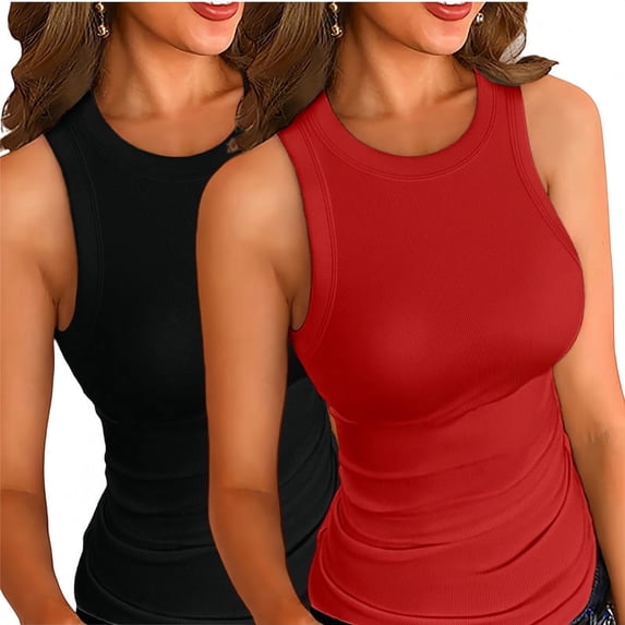 Vafful Womens Tank Tops 2 PCS Summer Top Ribbed Sleeveless Racerback Basic Top Slim Fitted Round High Neck Sexy Tank Tops for Women Red and Black S-XXL