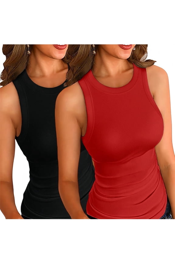 Womens Tank Tops 2 PCS Summer Top Ribbed Sleeveless Racerback Basic Top Slim Fitted Round High Neck Sexy Tank Tops for Women Red and Black S-XXL