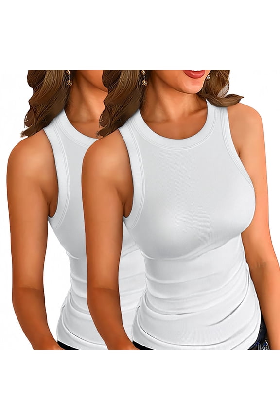 Womens Tank Tops 2 PCS Summer Top Ribbed Sleeveless Racerback Basic Top Slim Fitted Round High Neck Sexy Tank Tops for Wome White S-XXL