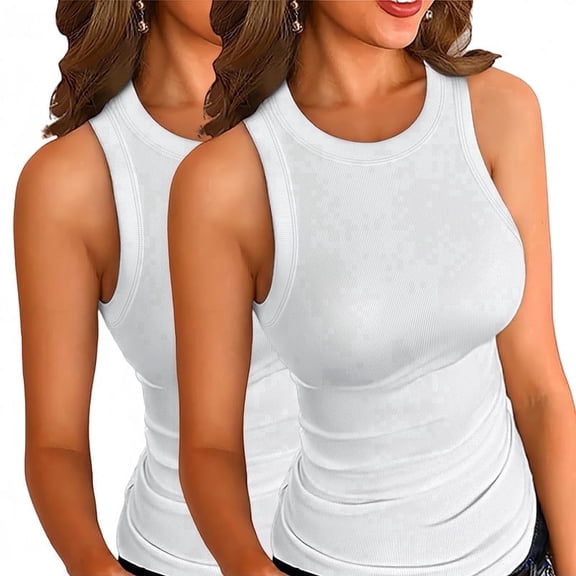 Vafful Womens Tank Tops 2 PCS Summer Top Ribbed Sleeveless Racerback Basic Top Slim Fitted Round High Neck Sexy Tank Tops for Wome White S-XXL