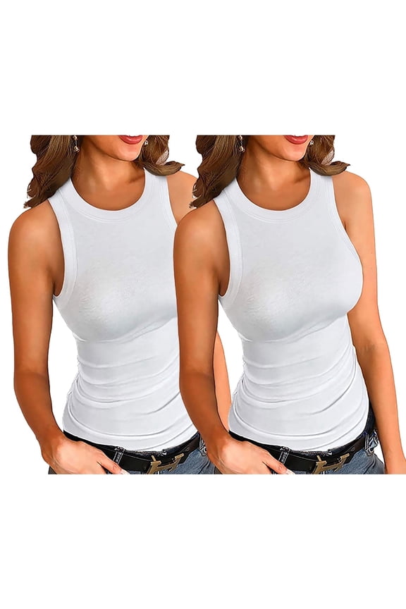 Womens Tank Tops 2 Pack Summer Top Ribbed Sleeveless Racerback Basic Top Slim Fitted Round High Neck Sexy Tank Tops for Wome White S-XXL
