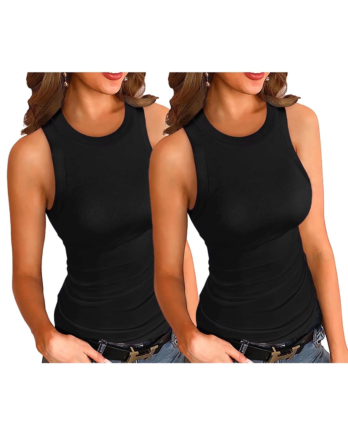 Vafful Womens Tank Tops 2 Pack Summer Top Ribbed Sleeveless Racerback Basic Top Slim Fitted Round High Neck Sexy Tank Tops for Women Black S-XXL
