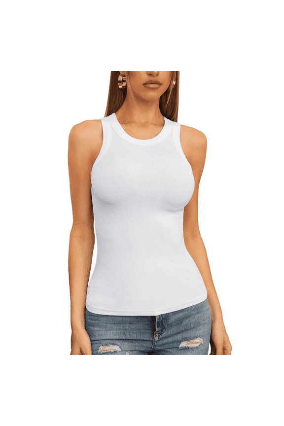 Womens Tank Tops High Neck Summer Tanks Cami Sleeveless Tops Basic Shirt Ribbed Racerback Blouses White Large