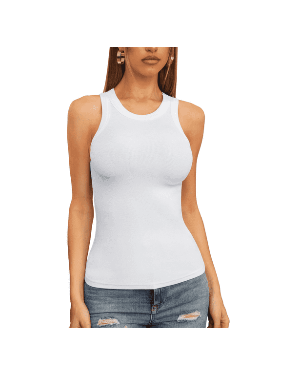 Womens Tank Tops High Neck Summer Tanks Cami Sleeveless Tops Basic Shirt Ribbed Racerback Blouses White Medium