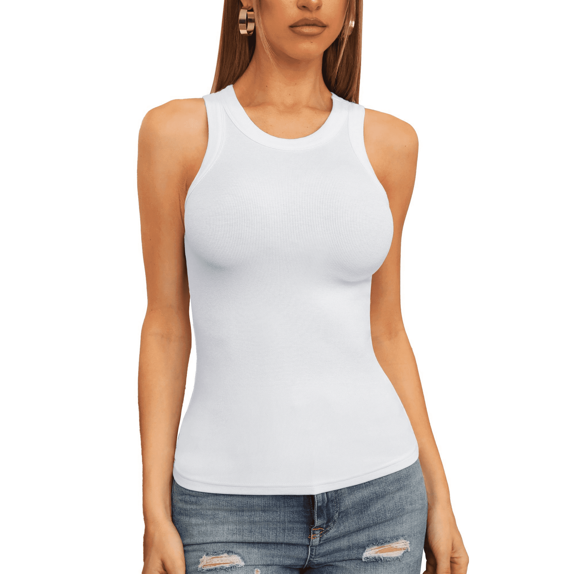 NKOOGH White Cami Tank Tops for Women Built In Bra Undershirt Top Women  Casual Summer Loose Sleeveless Round Neck Vest Tank Shirt Tunic Blouse Tops  Cami 