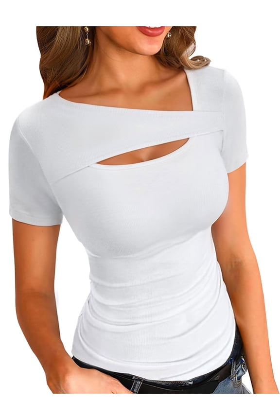 Womens Tops T-Shirts Short Sleeve Fashion Summer Fall Clothes One Piece Cutout Tops Long Sleeve Ribbed Slim Fitted Shirts Tee Tshirts S-XL