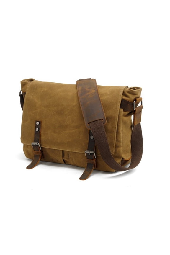 "Vagabond" Men's Rugged Distressed Canvas & Leather Crossbody Messenger Bag - Khaki Tan