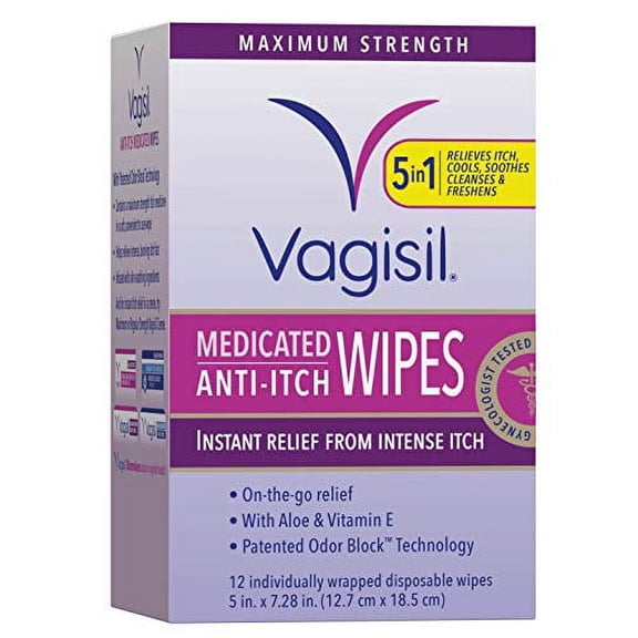 Vagisil Anti-Itch Medicated Wipes, Maximum Strength, 12 Wipes