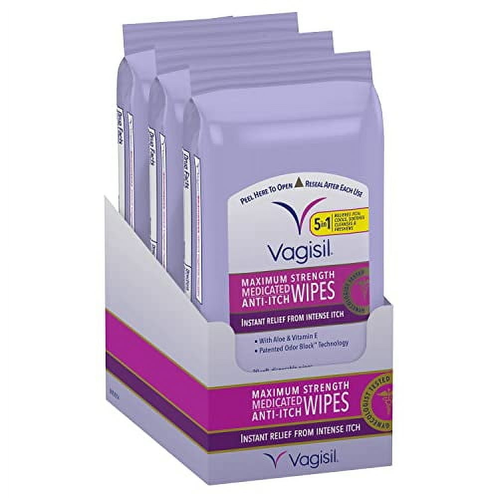 Vagisil Anti-Itch Medicated Feminine Vaginal Wipes, Maximum Strength, Instant Relief, Pack of 3 - 60 Wipes Total (Packaging may vary)