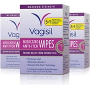 Vagisil Anti-Itch Medicated Wipes, Maximum Strength For Instant Relief, 12 Count, 3 Pack