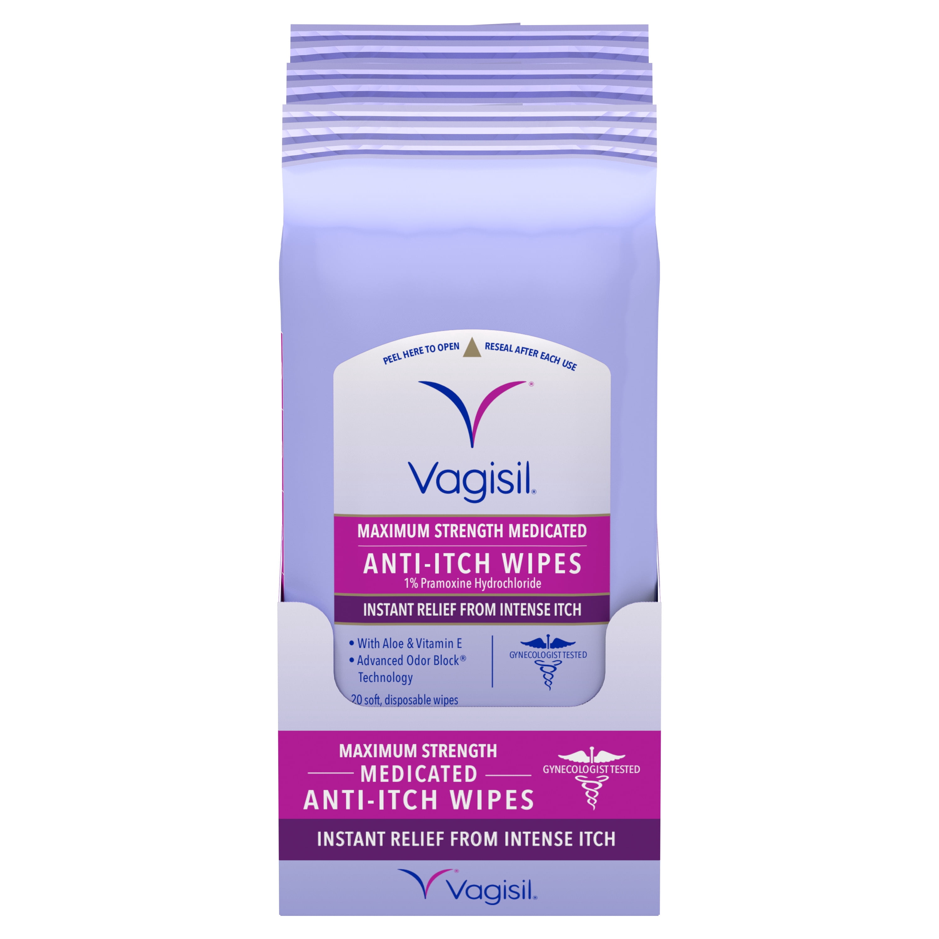 Vagisil Anti-Itch Medicated Feminine Vaginal Wipes, Maximum Strength for Instant Relief, 20 Count, 3 Pack