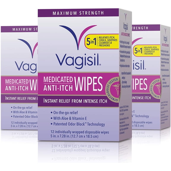 Vagisil Anti-Itch Medicated Wipes, Maximum Strength For Instant Relief, 12 Count, 3 Pack