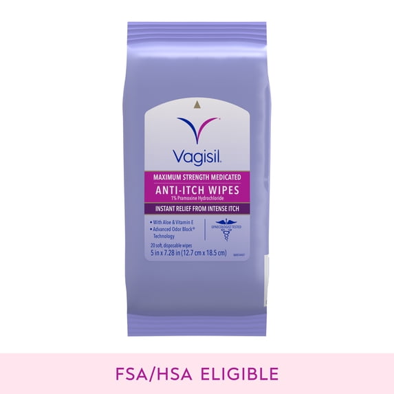 Vagisil Wipes, Anti-Itch Medicated Feminine Vaginal Wipes, Maximum Strength, Instant Relief, 20 Wipes