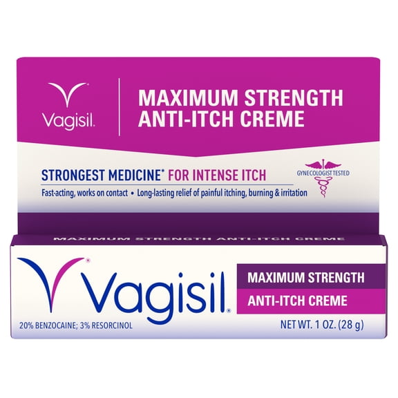 Vagisil Maximum Strength Feminine Anti-Itch Creme with Benzocaine for Women, Strongest Medicine for Intense Itch, Gynecologist Tested, Fast-Acting, Works on Contact, 1 oz
