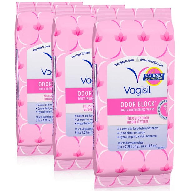 Vagisil Odor Block Daily Freshening Wipes Resealable Pouch 20 ct. 3 Pack .