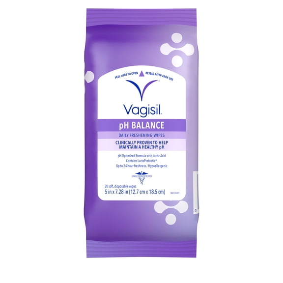 Vagisil pH Balance Daily Freshening Wipes for Feminine Hygiene in Resealable Pouch, Gynecologist Tested & Hypoallergenic, 20 Wipes