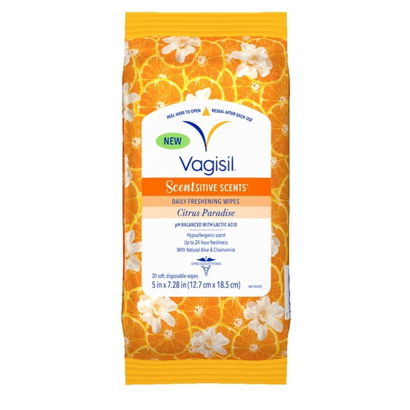 Vagisil Wipes for All Over Cleaning, Citrus Paradise Scent, Re-Sealable Pouch, 20 Count, Pack of 1