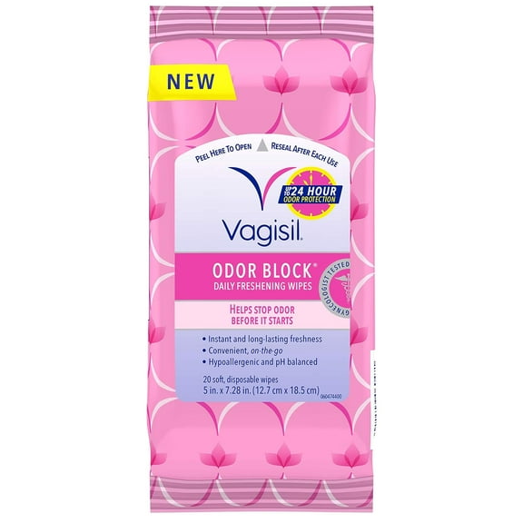 Vagisil Wipes for All Over Cleaning, Odor Block, Hypoallergenic, Re-Sealable, 20 Count, Pack of 1