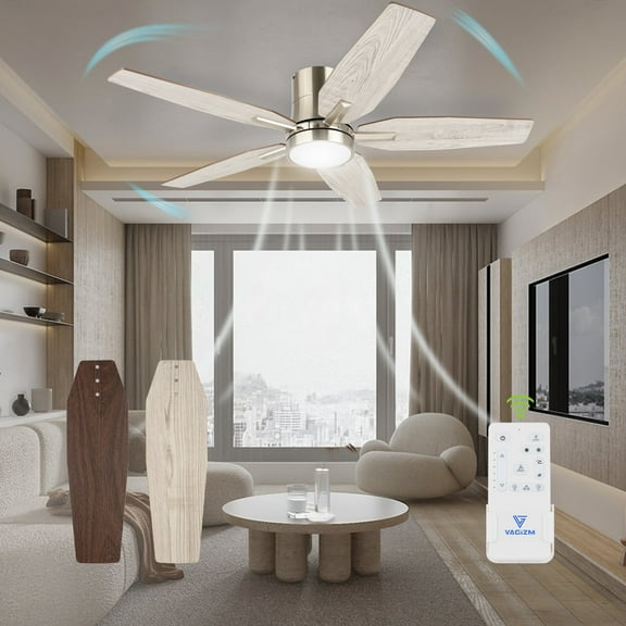 Vagizm 42 Inch Flush Mount Ceiling Fan with Light - 5 Blades Modern Ceiling Fan for Living Room and Bedroom - Quiet DC Motor - Dimmable - Reversible Function - Light Wood Tone